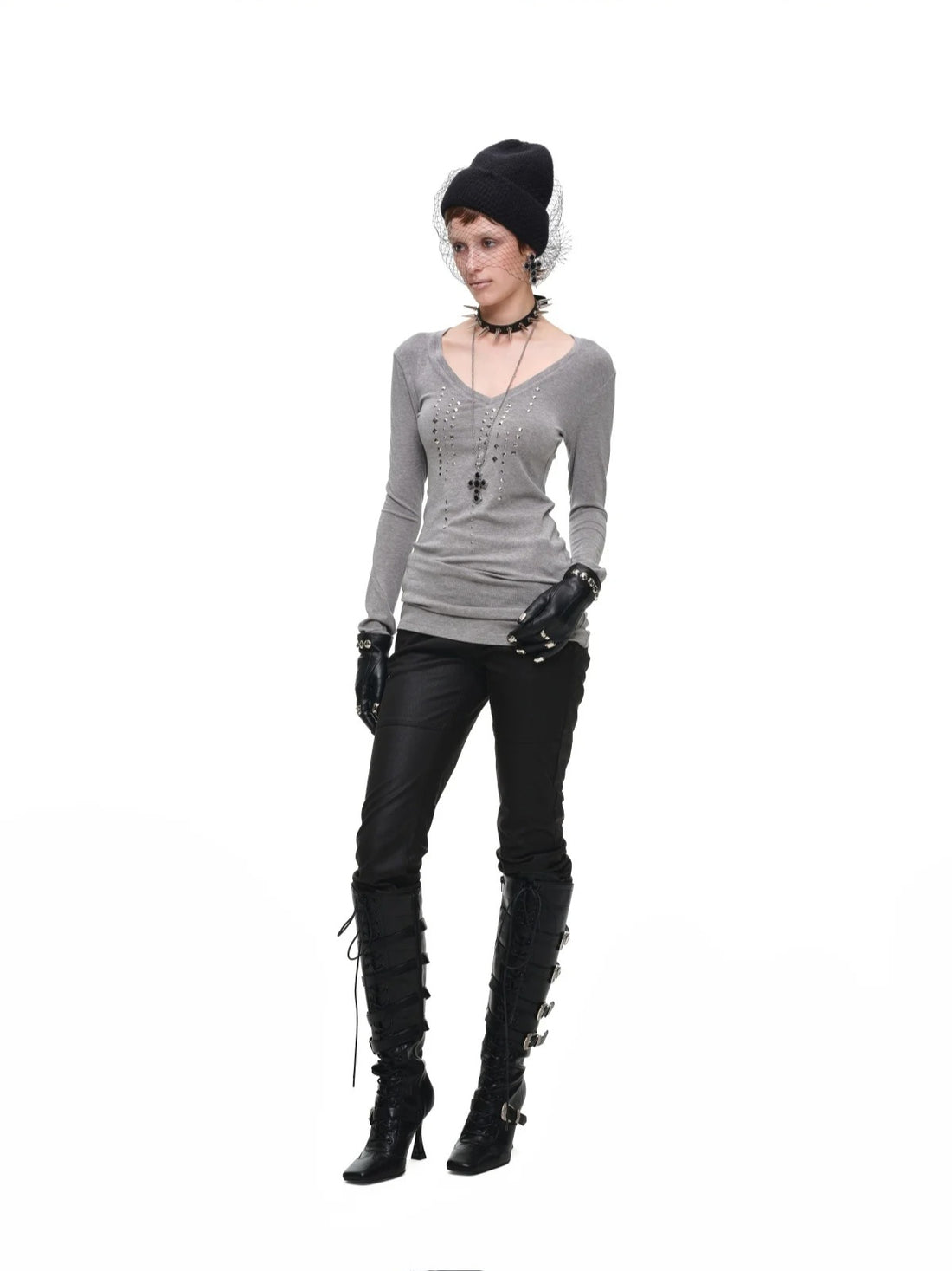 Rhinestone V Neck Knit Top