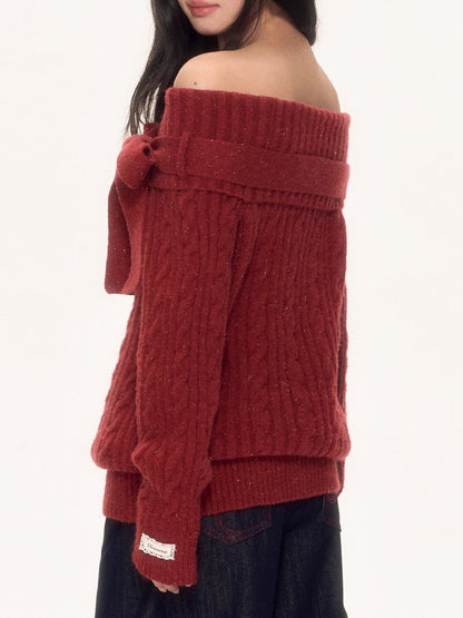 Red Off Shoulder Bow Knit Sweater