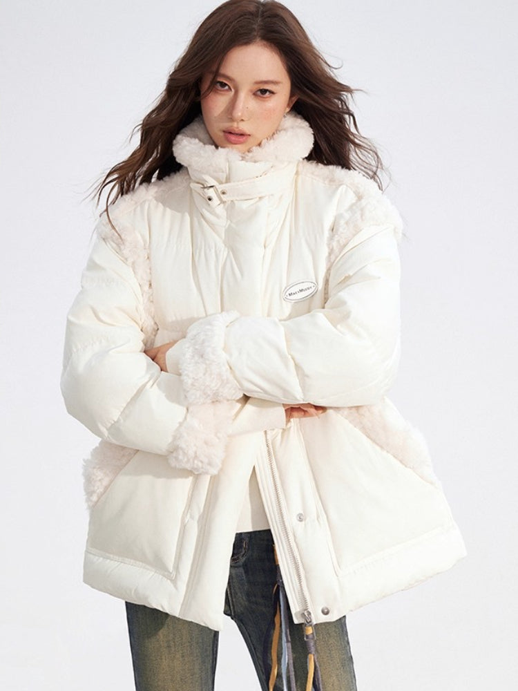 Shearling Patchwork White Down Puffer Jacket