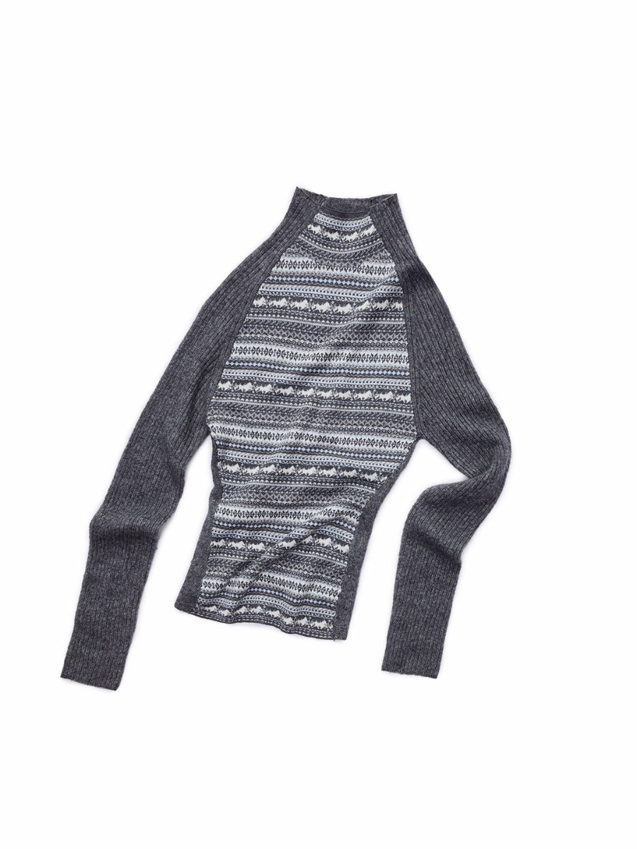 Fair Isle Turtleneck Raglan Sleeve Colorblock Knit Base Layer