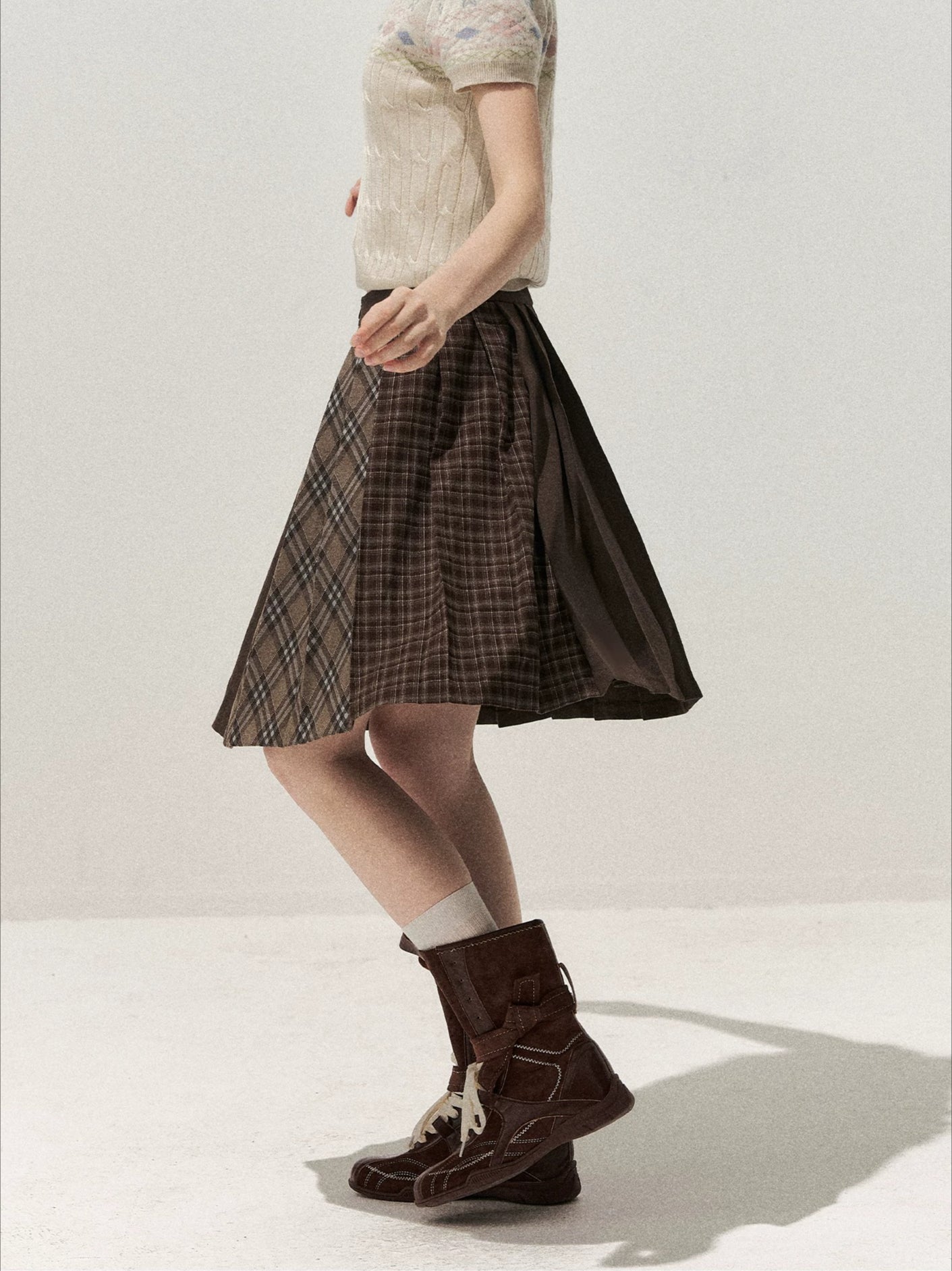 Brown Plaid Pleated Skirt