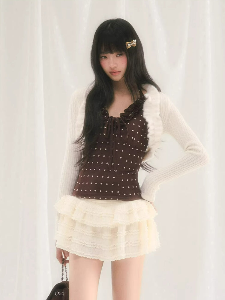 Ruffle Trim Knit Cardigan &amp; Camisole Set