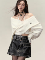 Grey & White Off-shoulder Knitted Wool Sweater