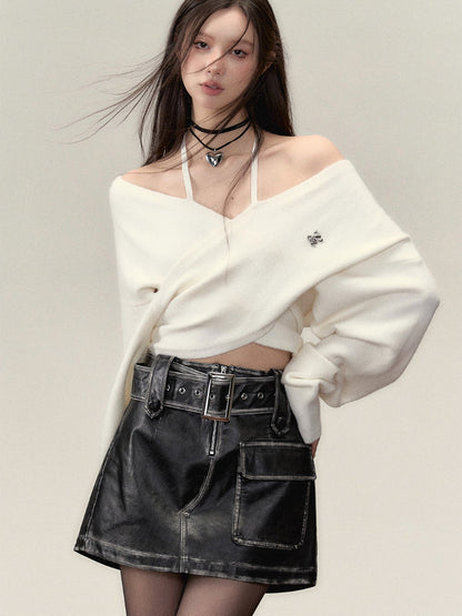 Grey &amp; White Off-shoulder Knitted Wool Sweater
