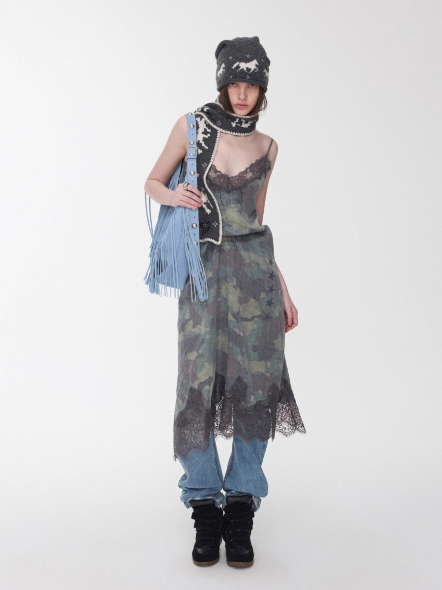 Camouflage Lace Trim Slip Dress