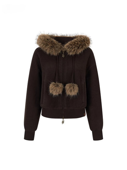 Furry Pom-Pom Hooded Sweatshirt