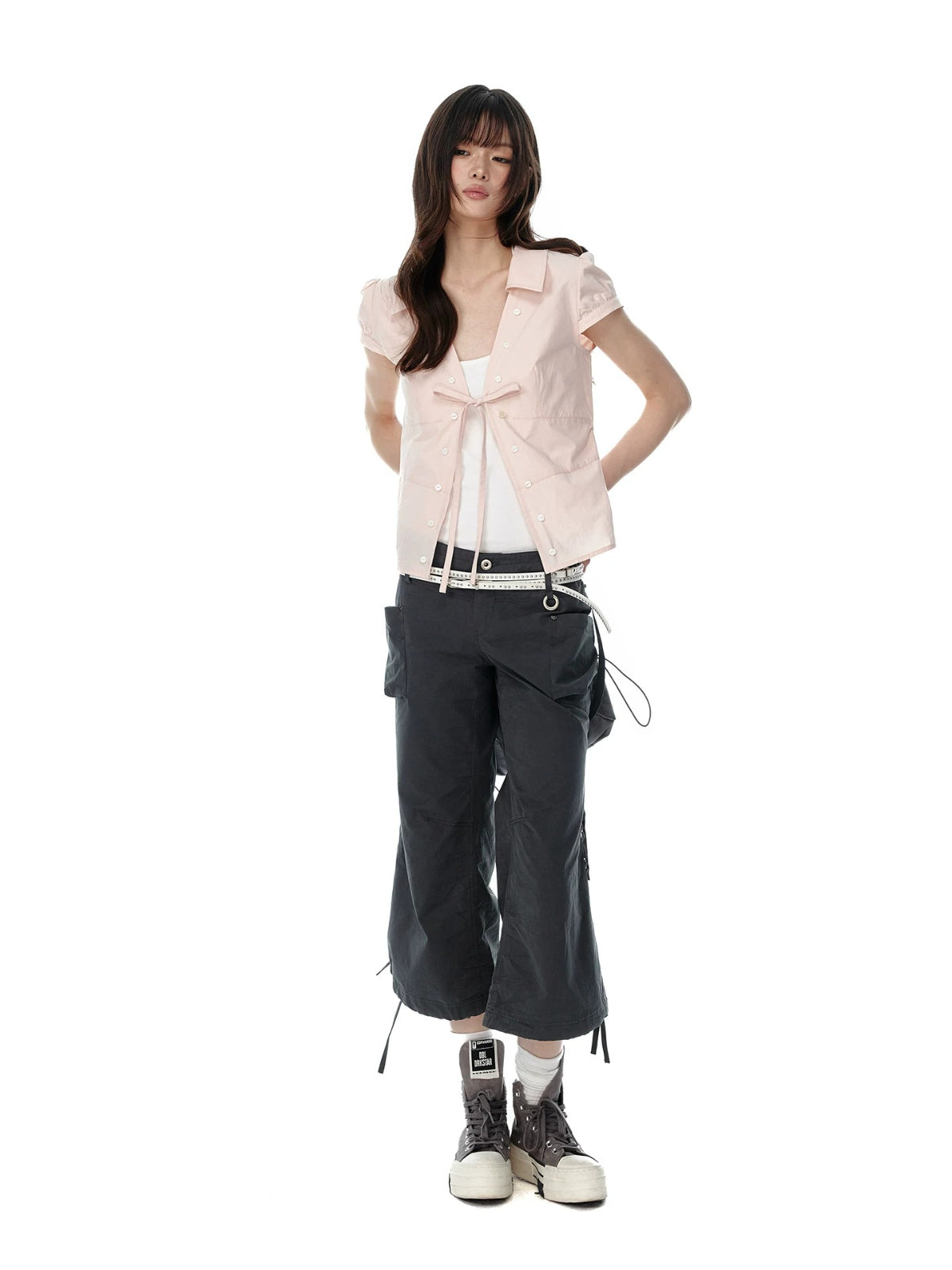 Tie Waist Puff Sleeve Short Blouse