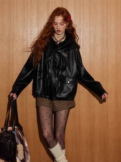 Detachable Bunny Hood Short Leather Jacket