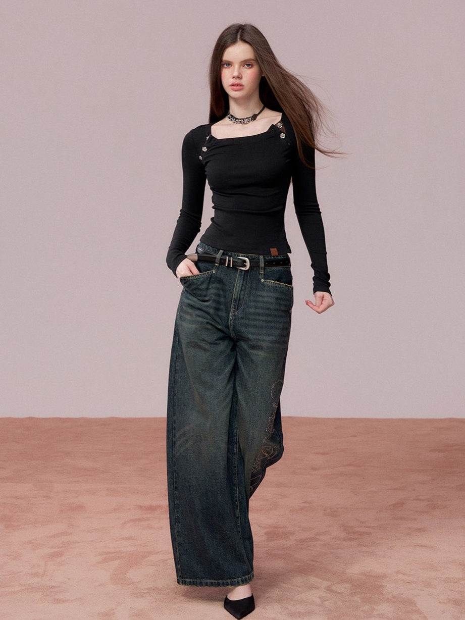 Rose Button Detail Fitted Long Sleeve Top