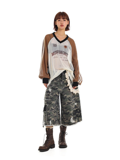 Lace Patchwork Ripped Camouflage Capri Pants