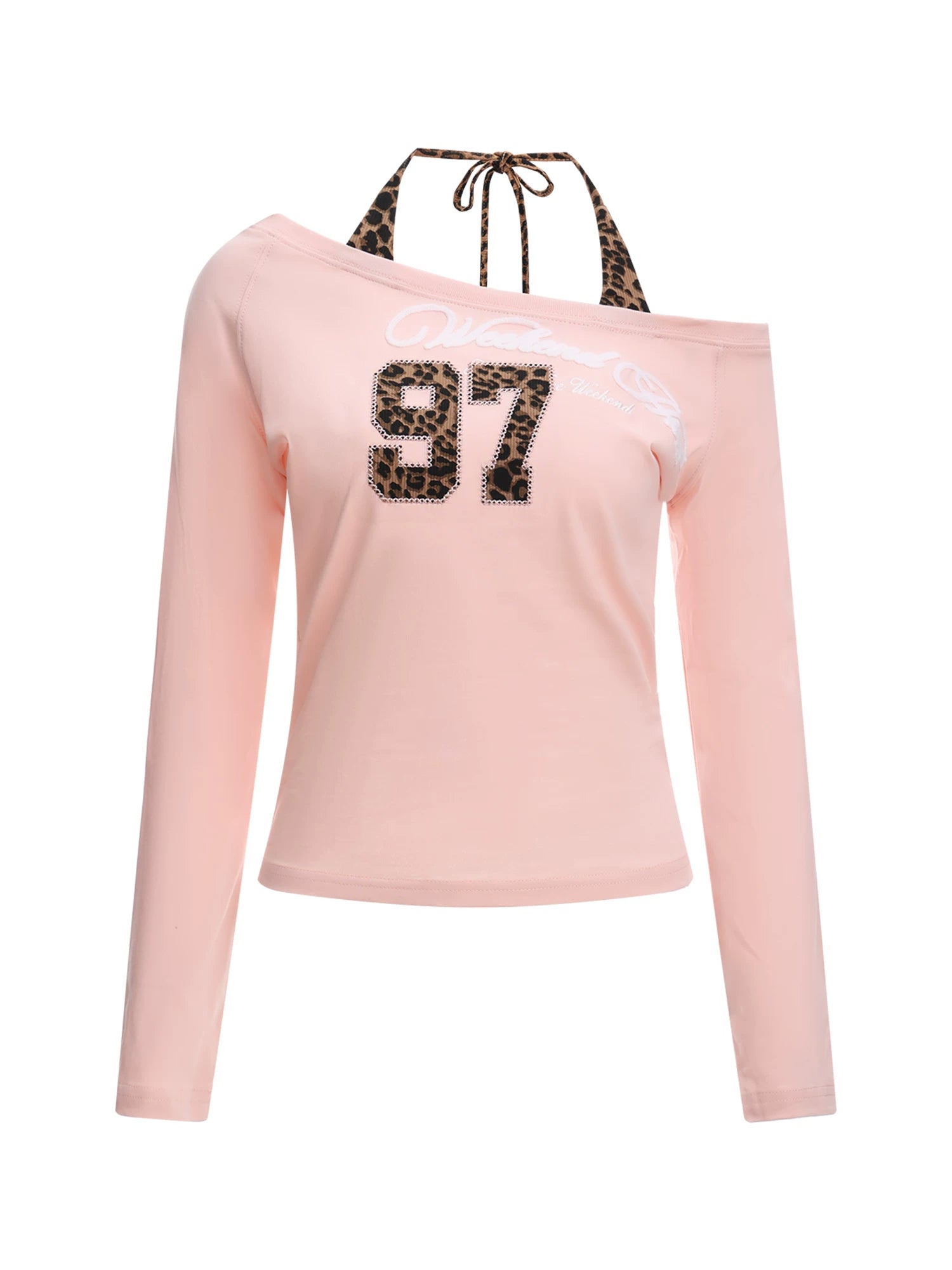 Leopard Halter One-Shoulder Long-Sleeve Top