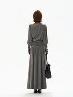 Gray Off Shoulder Knit Layered Dress