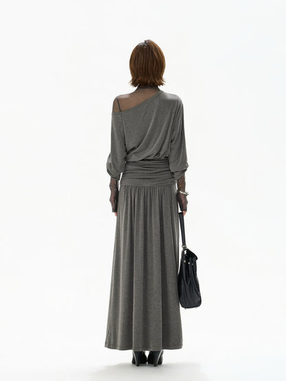 Gray Off Shoulder Knit Layered Dress