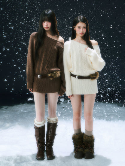 Coffee &amp; Apricot Off-the-shoulder Belt Dress