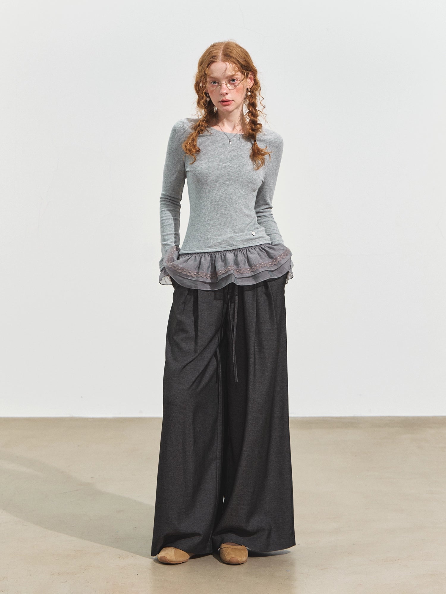 Double-layer Ruffle Raglan Fleece Top