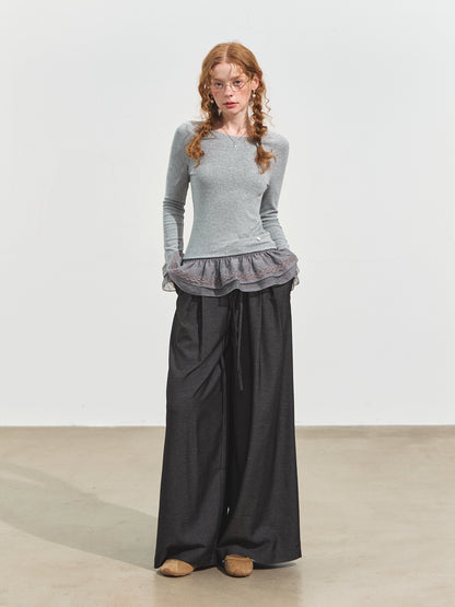 Double-layer Ruffle Raglan Fleece Top