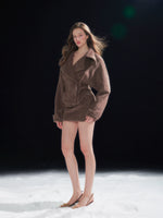 Shearling Collar Waist-Cinching Coat & Wool Skirt Set