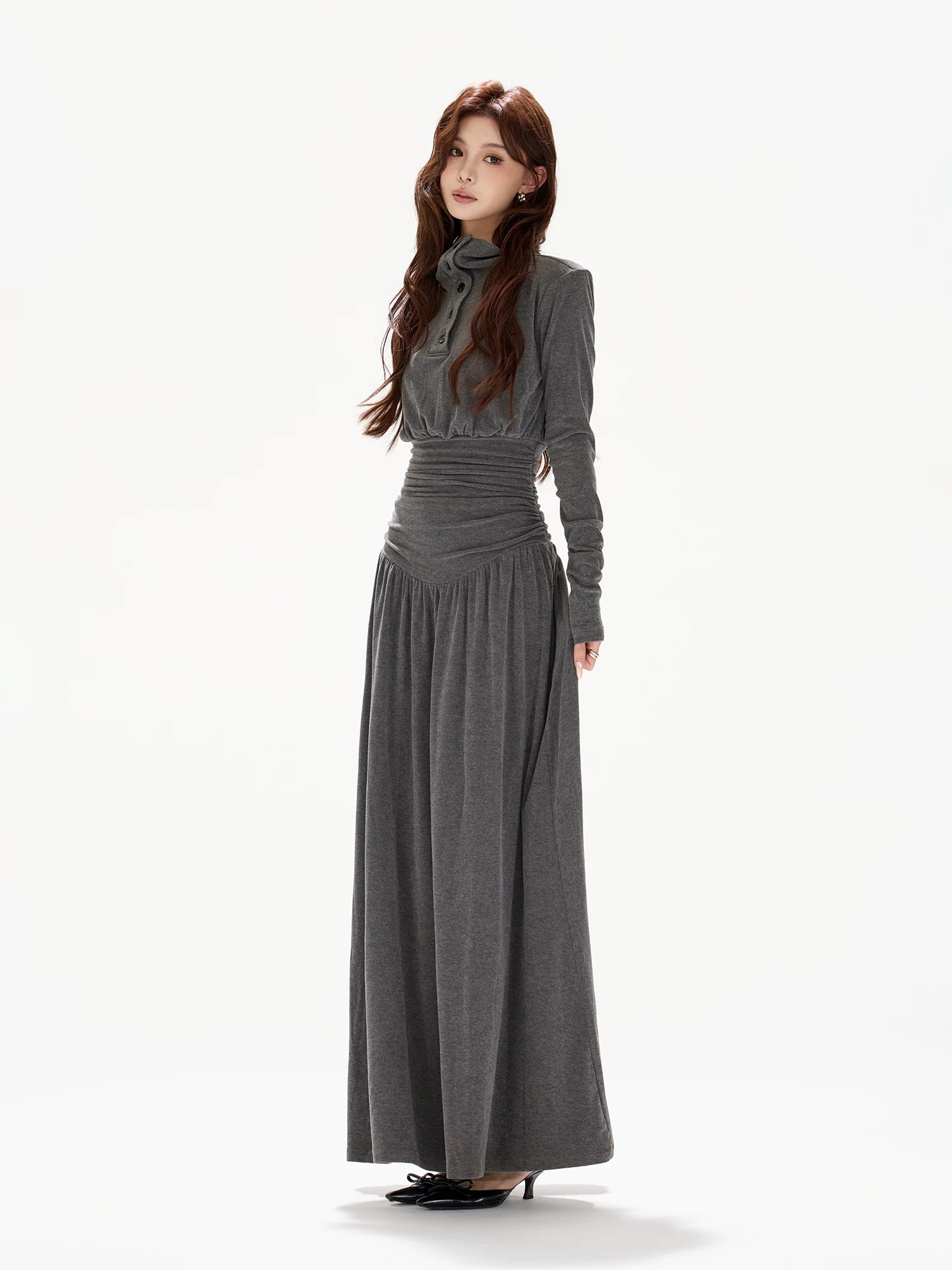 Half-High Collar Ruched A-Line Maxi Dress