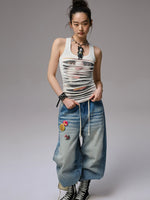 Irregular Hole-Ripped Double-Layer Halter Neck Tank Top