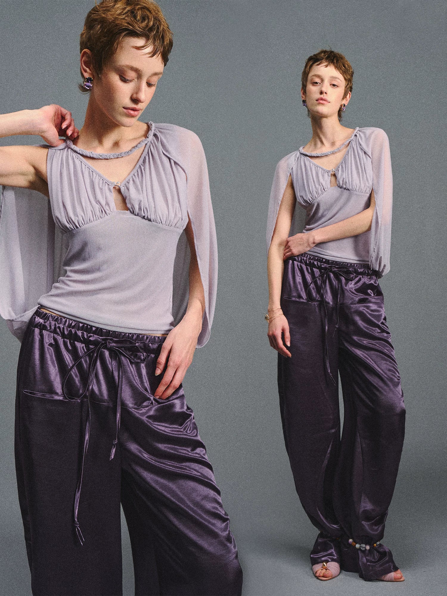 Purple Ruched Mesh V-Neck Top