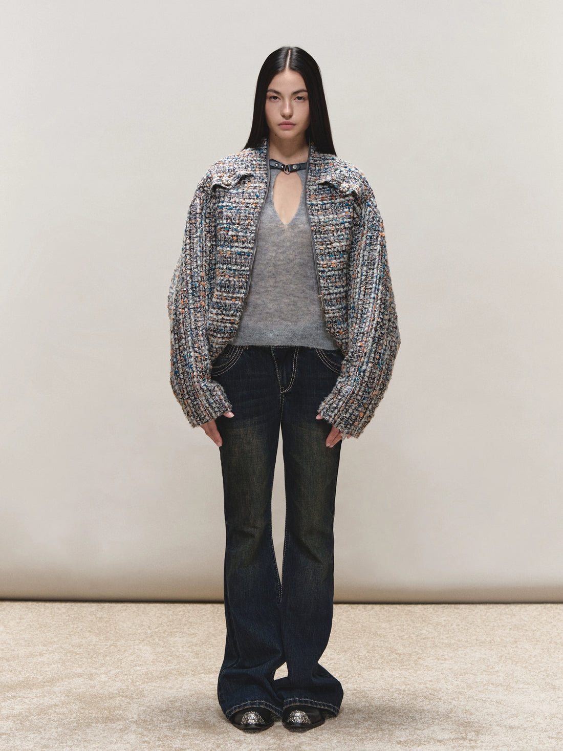 Wool Cutout Buttoned Slim Knit Top