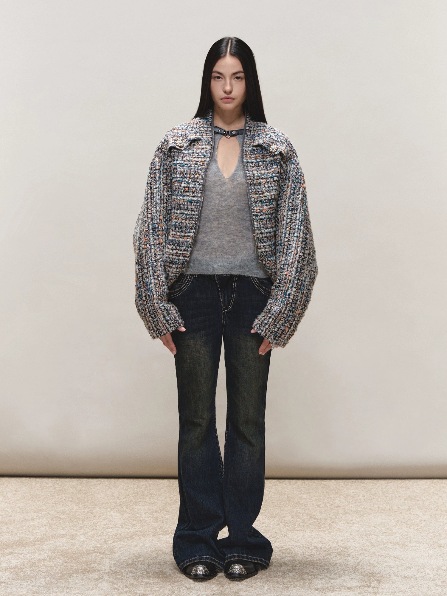 Wool Cutout Buttoned Slim Knit Top