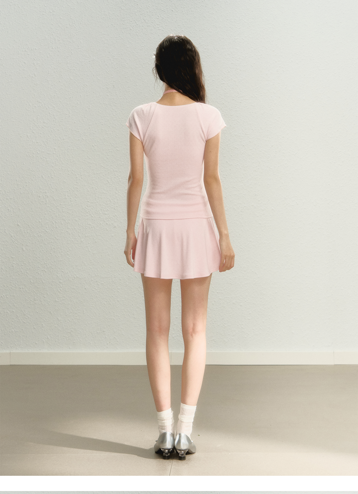 Pink Square Neck Short Sleeve T-shirt &amp; Cardigan Set