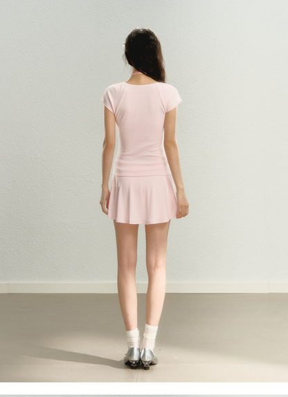 Pink Square Neck Short Sleeve T-shirt &amp; Cardigan Set