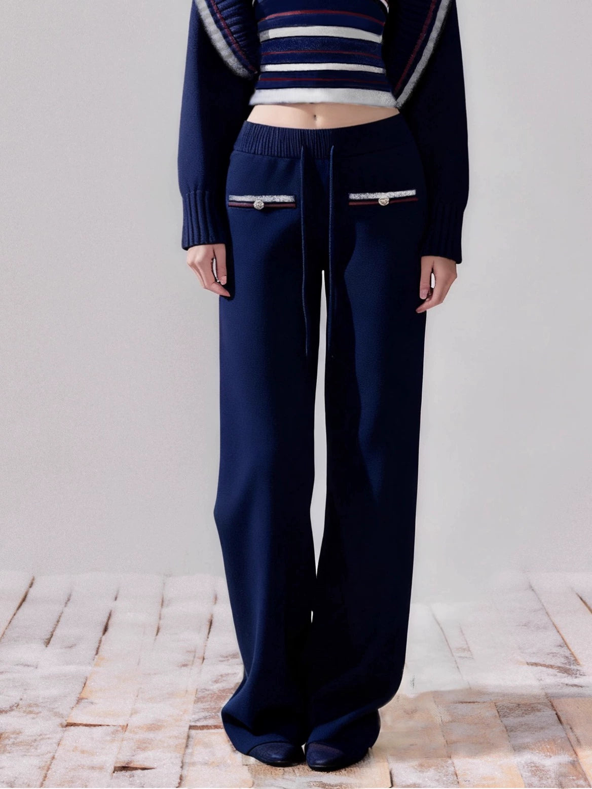 Navy Blue Striped Oversized Collar Knit Cardigan and Pants Set