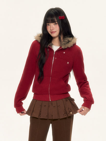 Red Fur Trim Hooded Fitted Cardigan