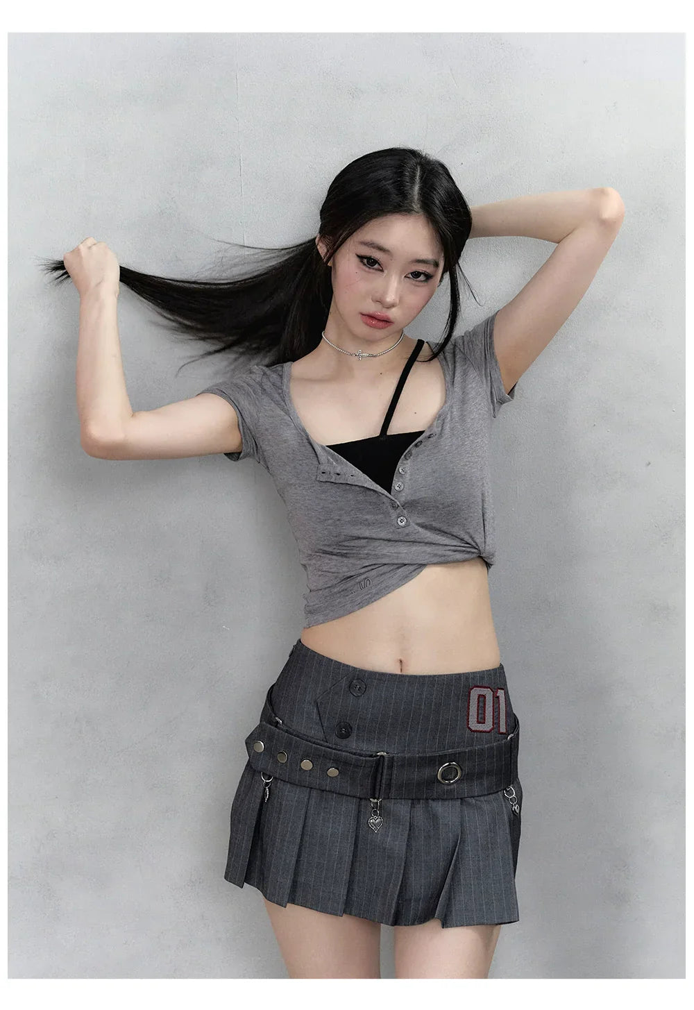 Black &amp; Grey Henley Collar Embroidered T-Shirt