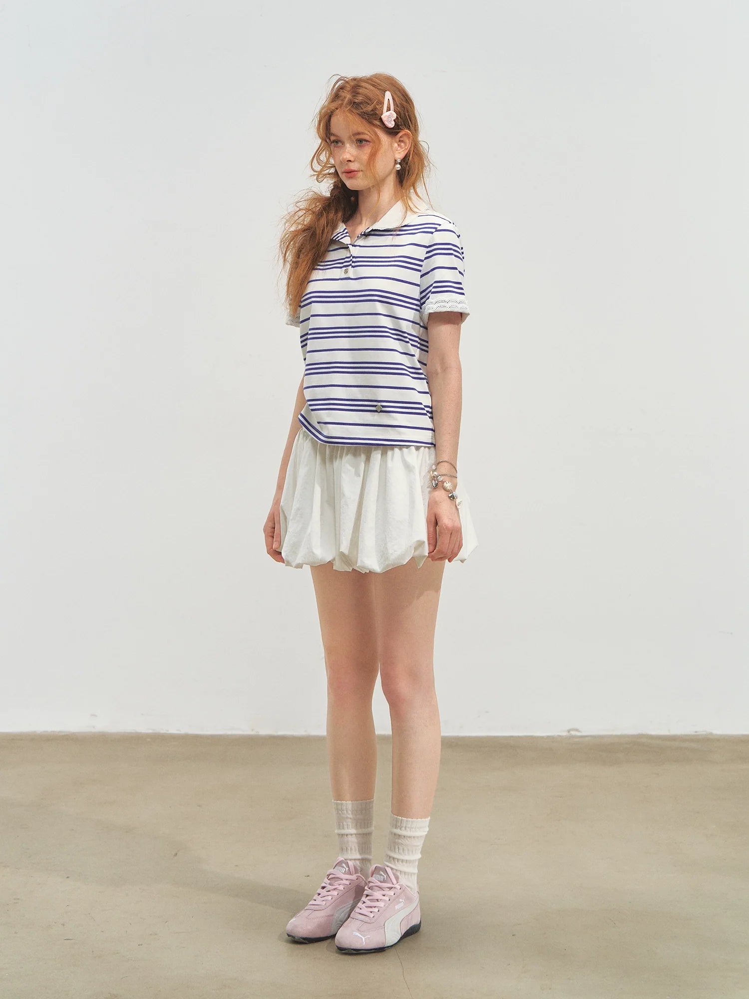 Striped Lace Short-Sleeve Polo Neck T-Shirt
