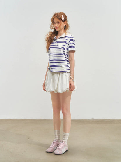 Striped Lace Short-Sleeve Polo Neck T-Shirt