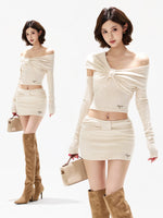 Apricot Twist Off-Shoulder Blouse & Skirt Set