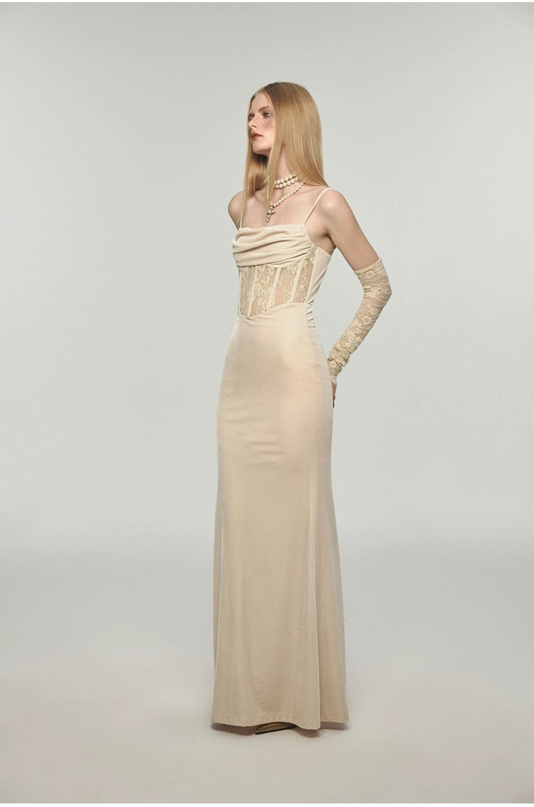 Fishbone Strap Long Velvet Bodycon Dress