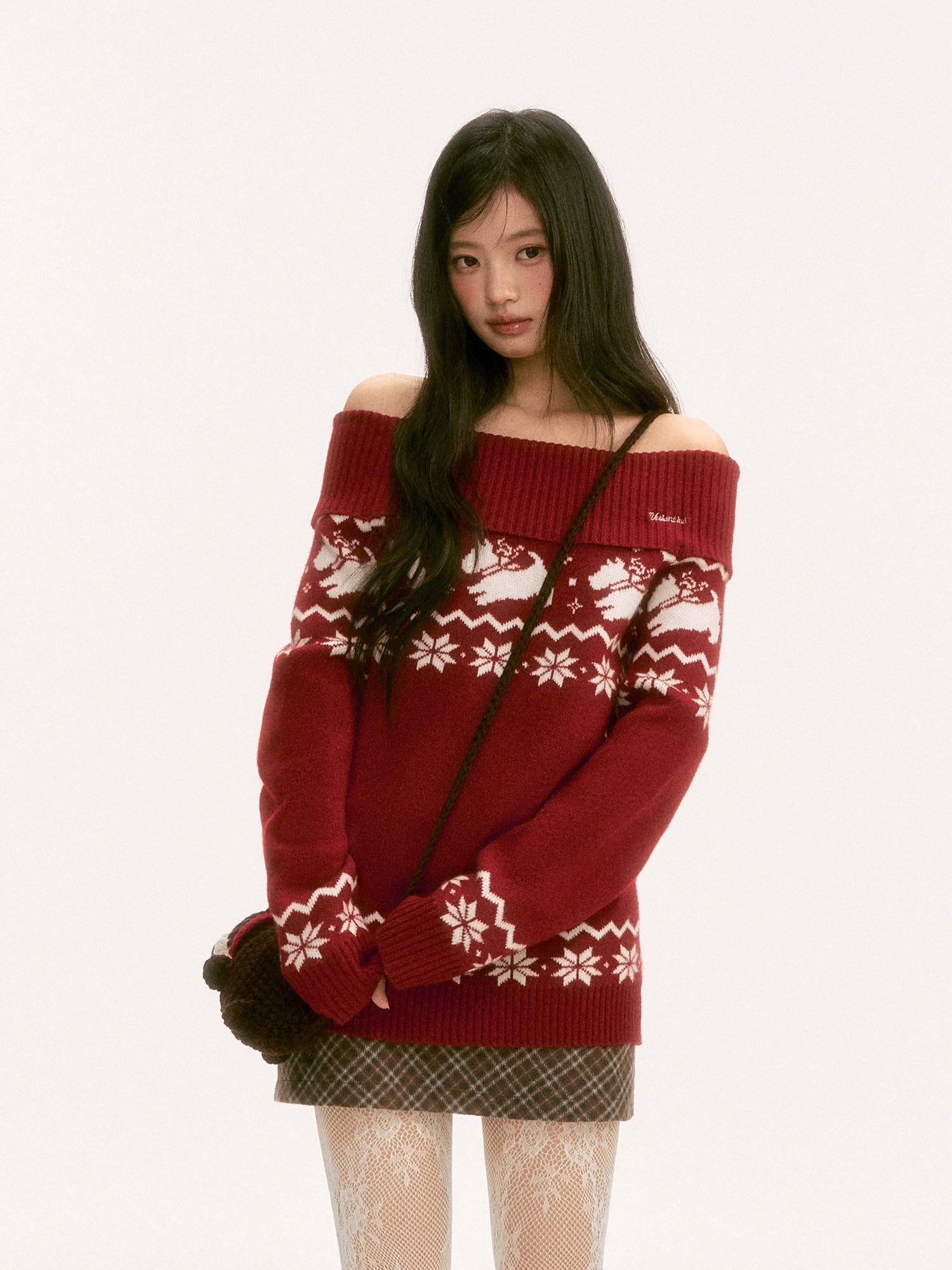 Red Fair Isle Off-Shoulder Knit Top
