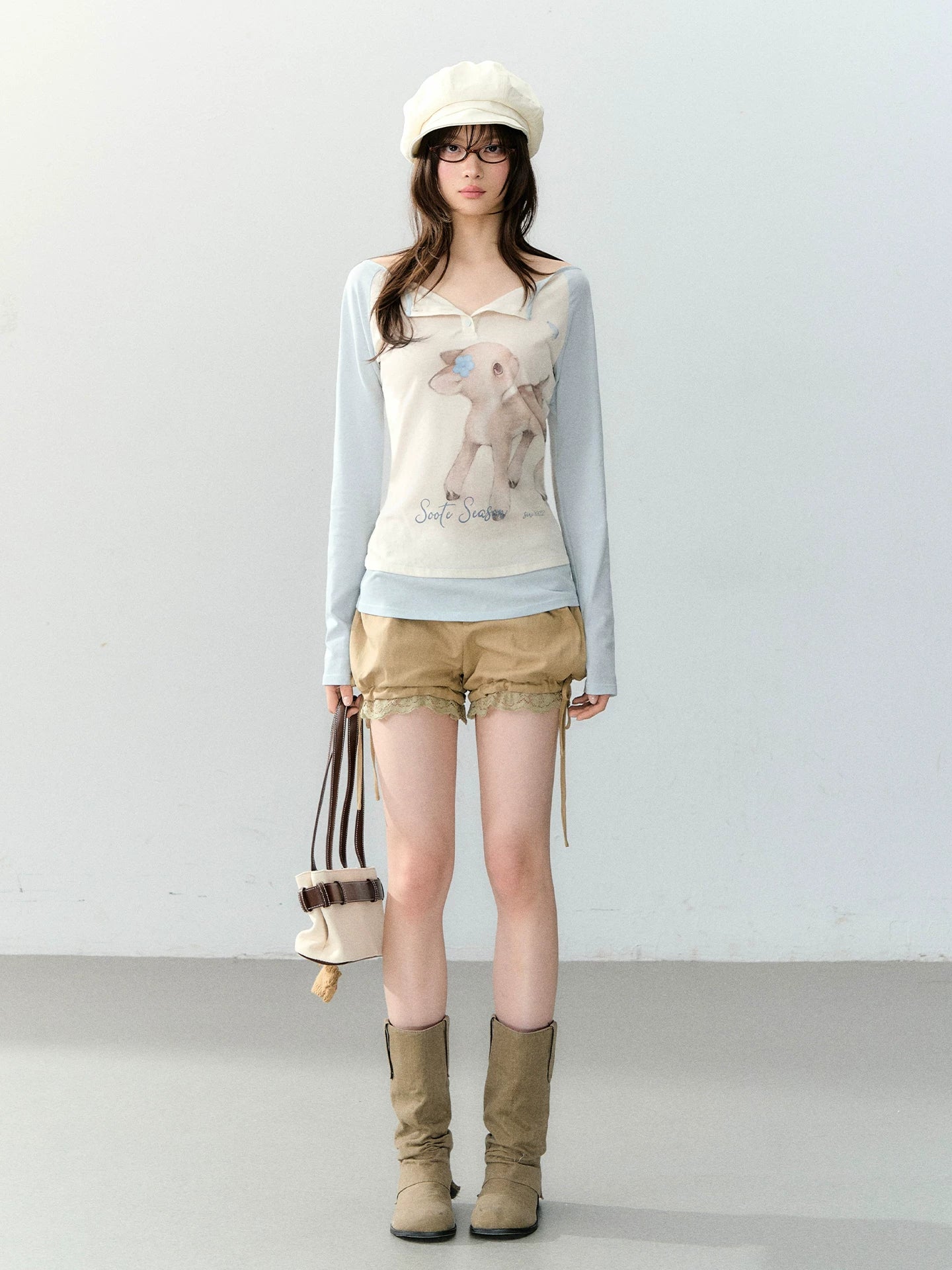 Khaki Lace Trim Balloon Shorts