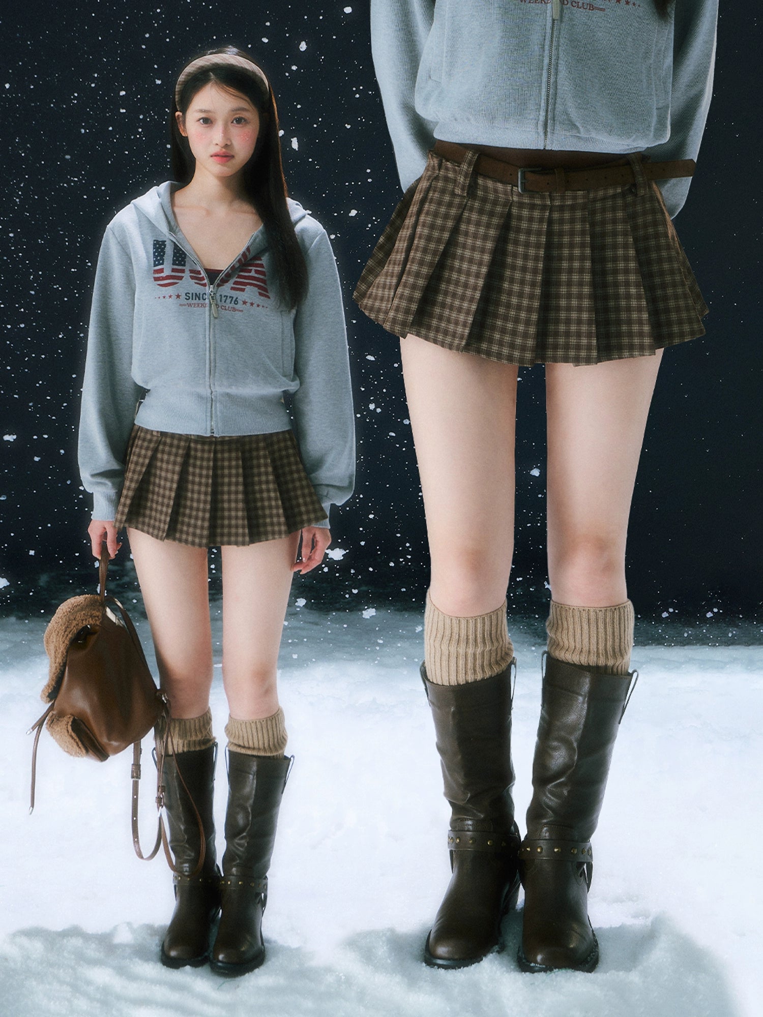 Dark Brown Retro Plaid Pleated Skirt