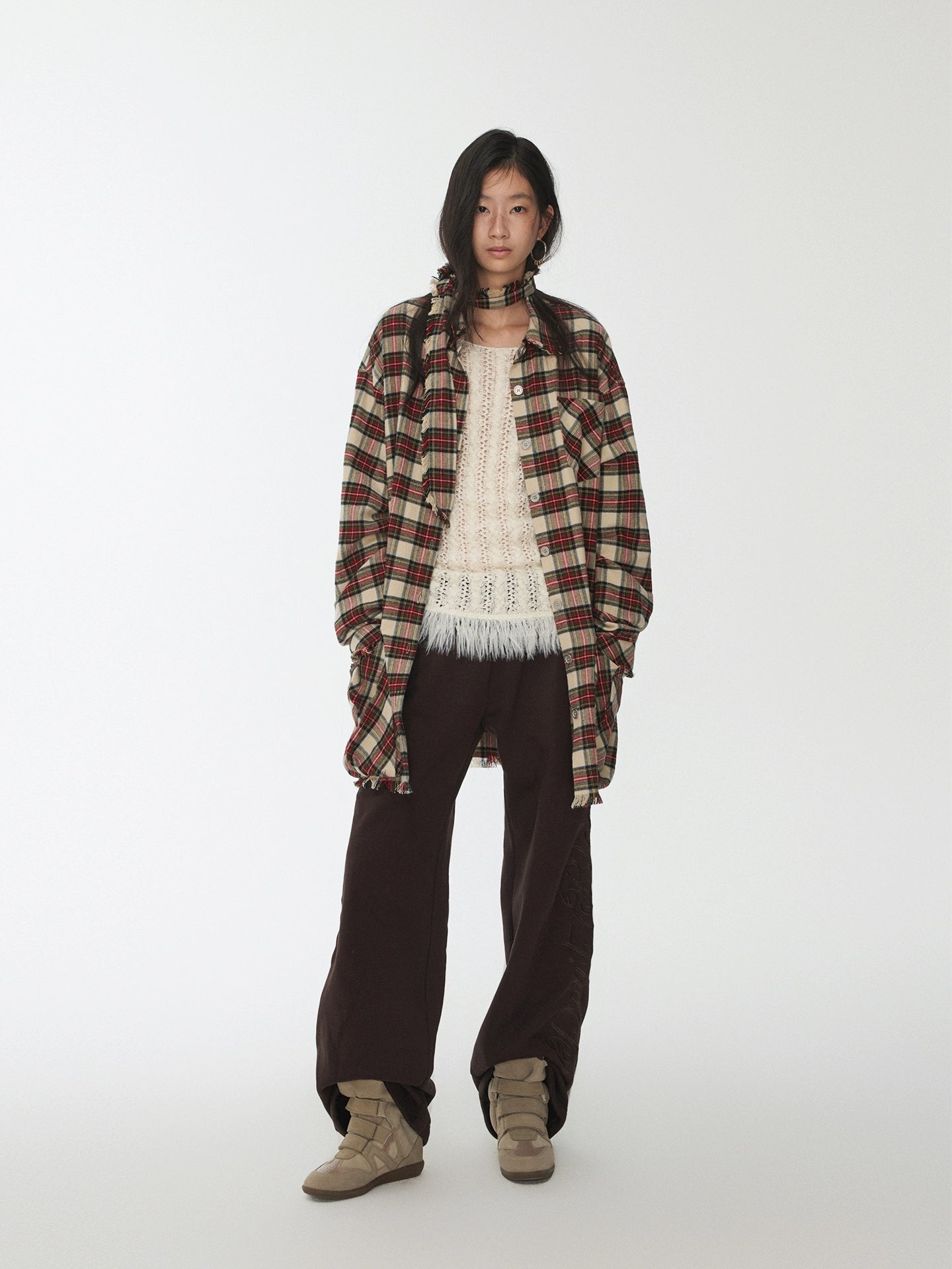 Vintage Red Plaid Frayed-Edge Utility Shirt Dress