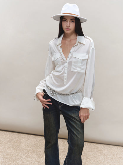 Satin-Sheen Knit Utility Shirt