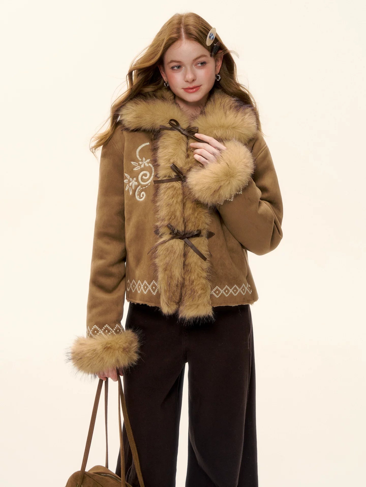 Embroidered Faux Fur Trim Jacket