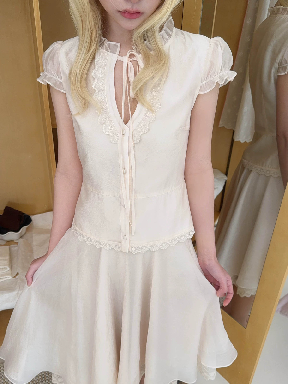 Apricot Tie V-Neck Shirt &amp; Lace Skirt Set