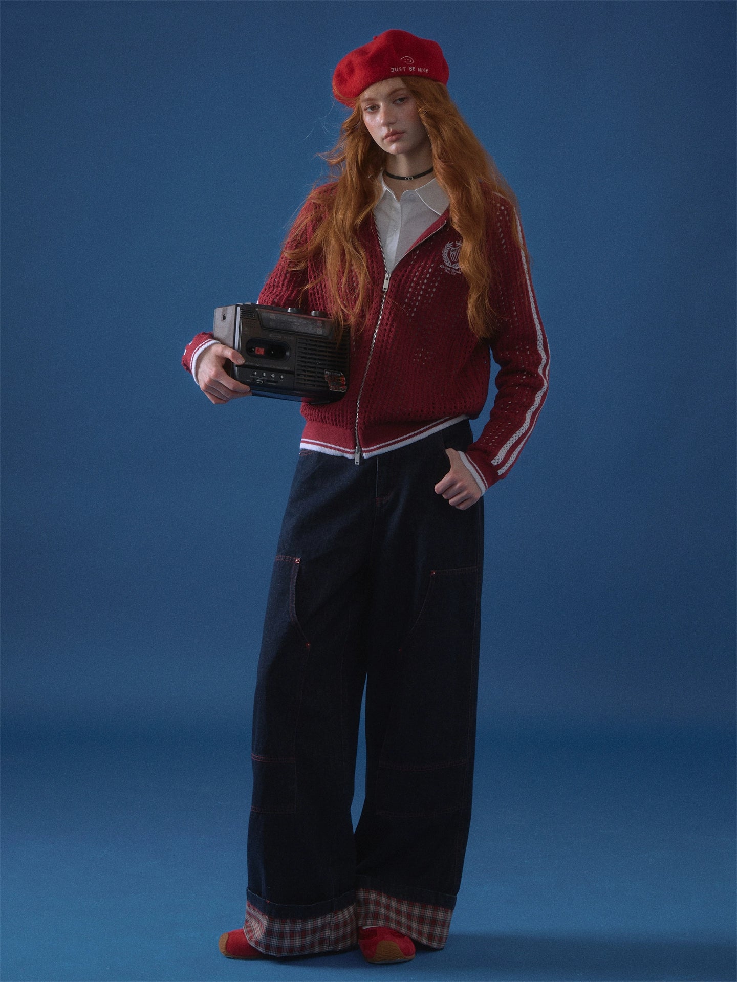 Blue &amp; Red Embroidered Knit Hoodie