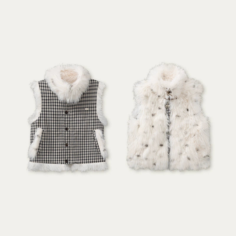 Polka-Check Reversible Faux-Fur Vest