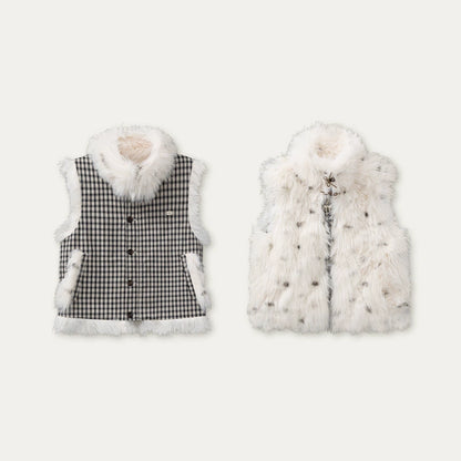 Polka-Check Reversible Faux-Fur Vest