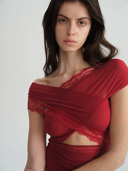 Two-Tone Mesh Lace Cross-Front Blouse