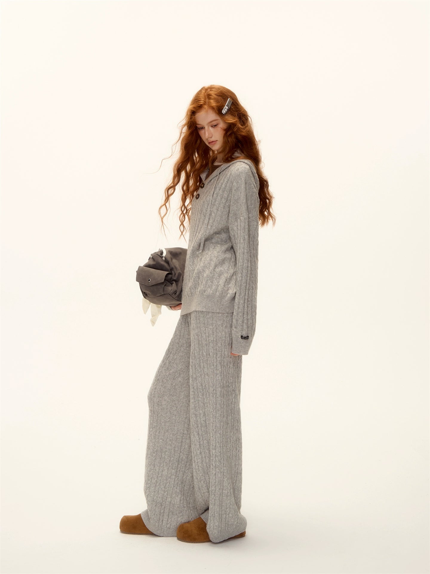 Wool Blend Cable Knit Hoodie and Pants Set