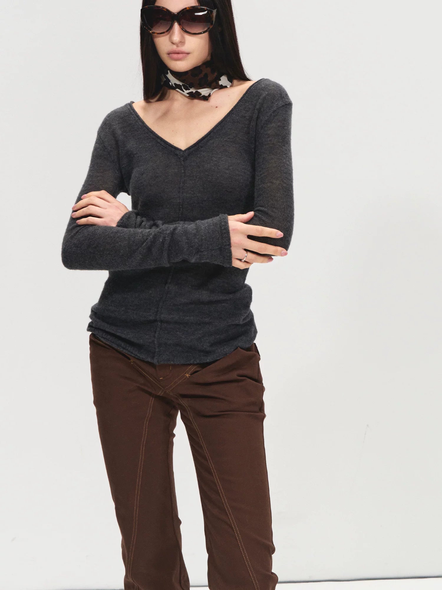 Gray V-Neck Wool Base Top