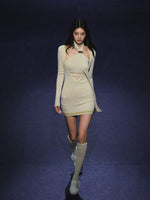 Spliced V-Neck Ribbon Layered Two-piece Dress