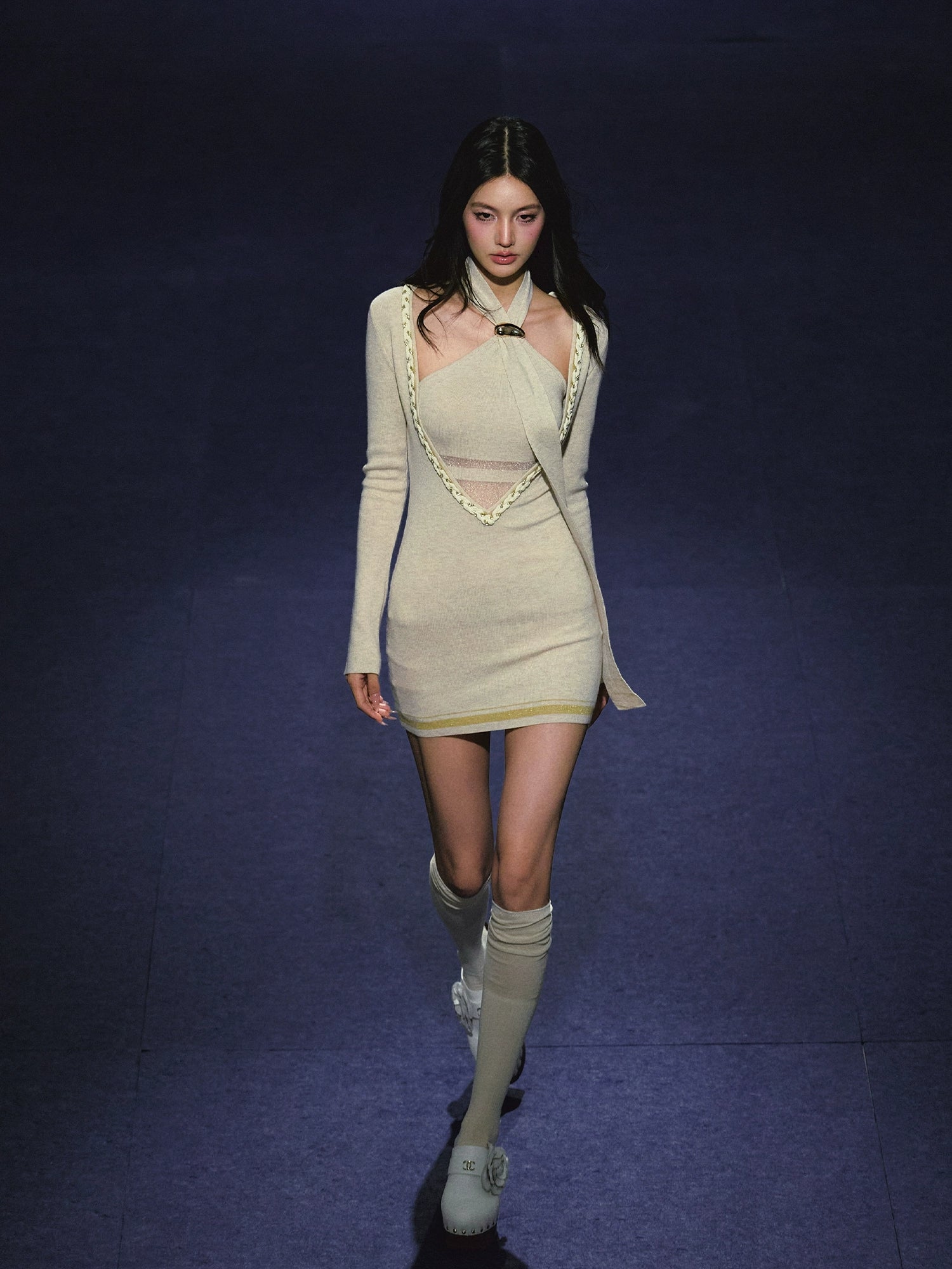 Spliced V-Neck Ribbon Layered Two-piece Dress